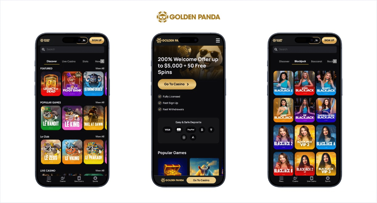 golden panad casino screen shot shown on three separate cellphone