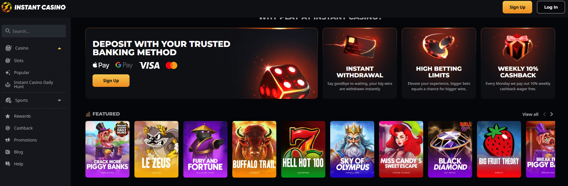 instant casino landing page screen capture